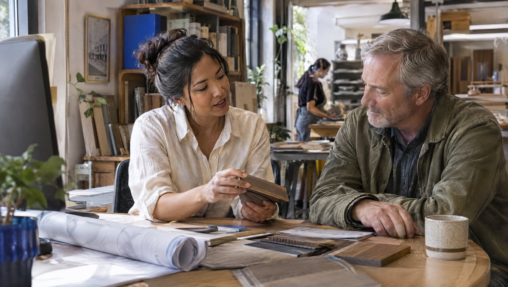 Two people reviewing real work together at a studio table.