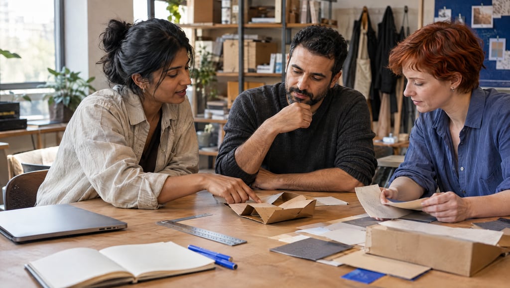 Three people planning work together around a studio table.