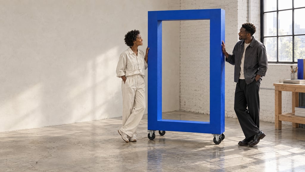 Two people making space around a cobalt opening in a sunlit studio.