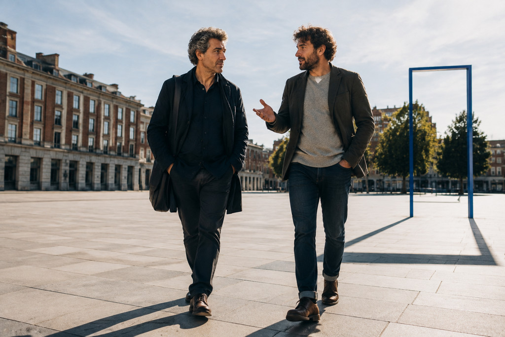 Two people walking and talking across an open plaza, with a blue frame in the distance.