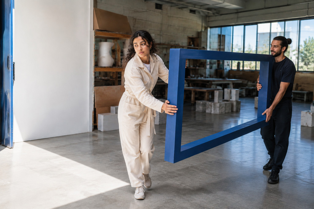 Two people carrying a blue rectangular frame across a sunlit workshop.