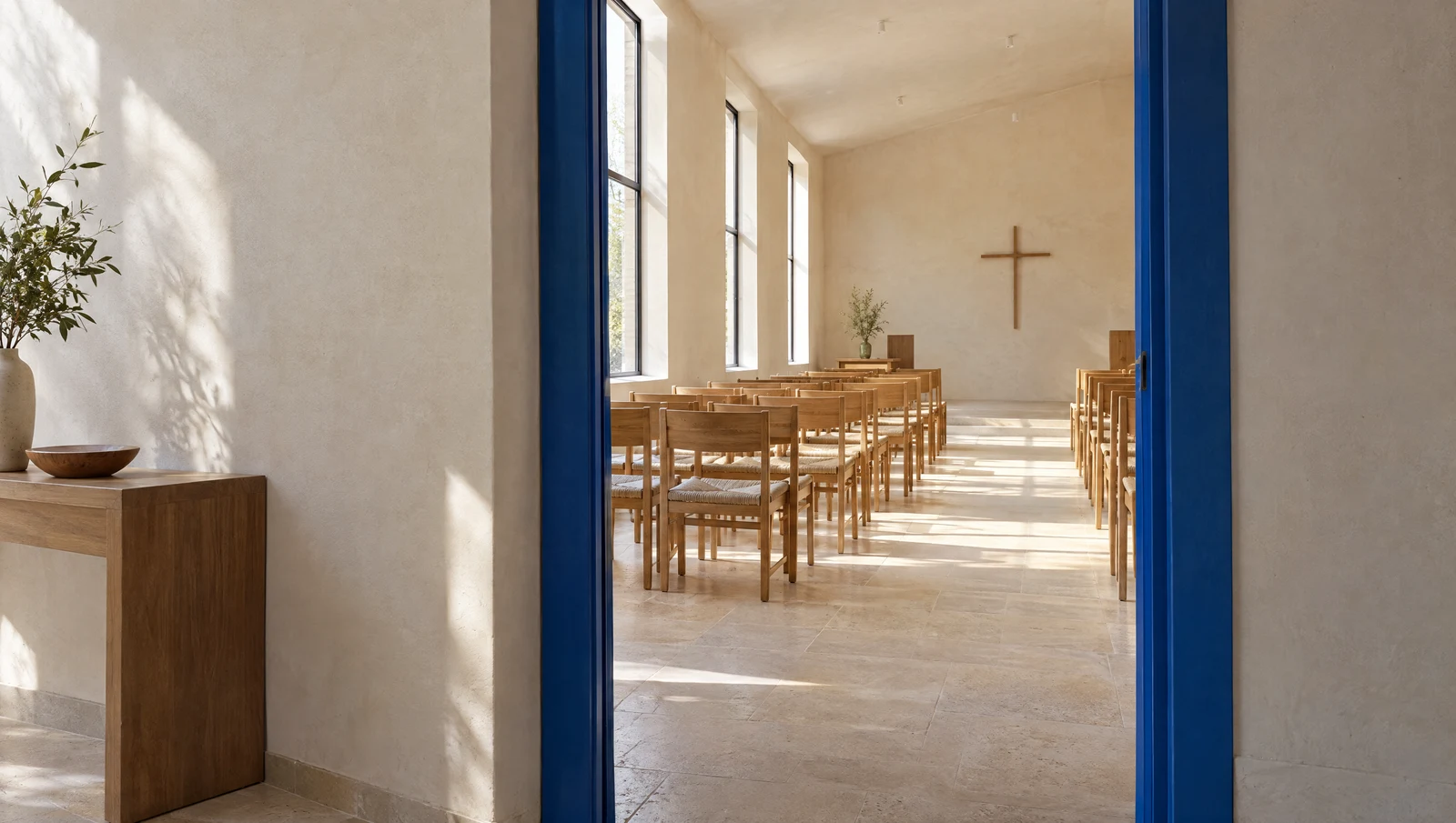 An empty church gathering space with morning light and a cobalt doorway.